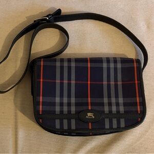 Vintage Burberry Navy Nova Check Leather Crossbody | Made in England